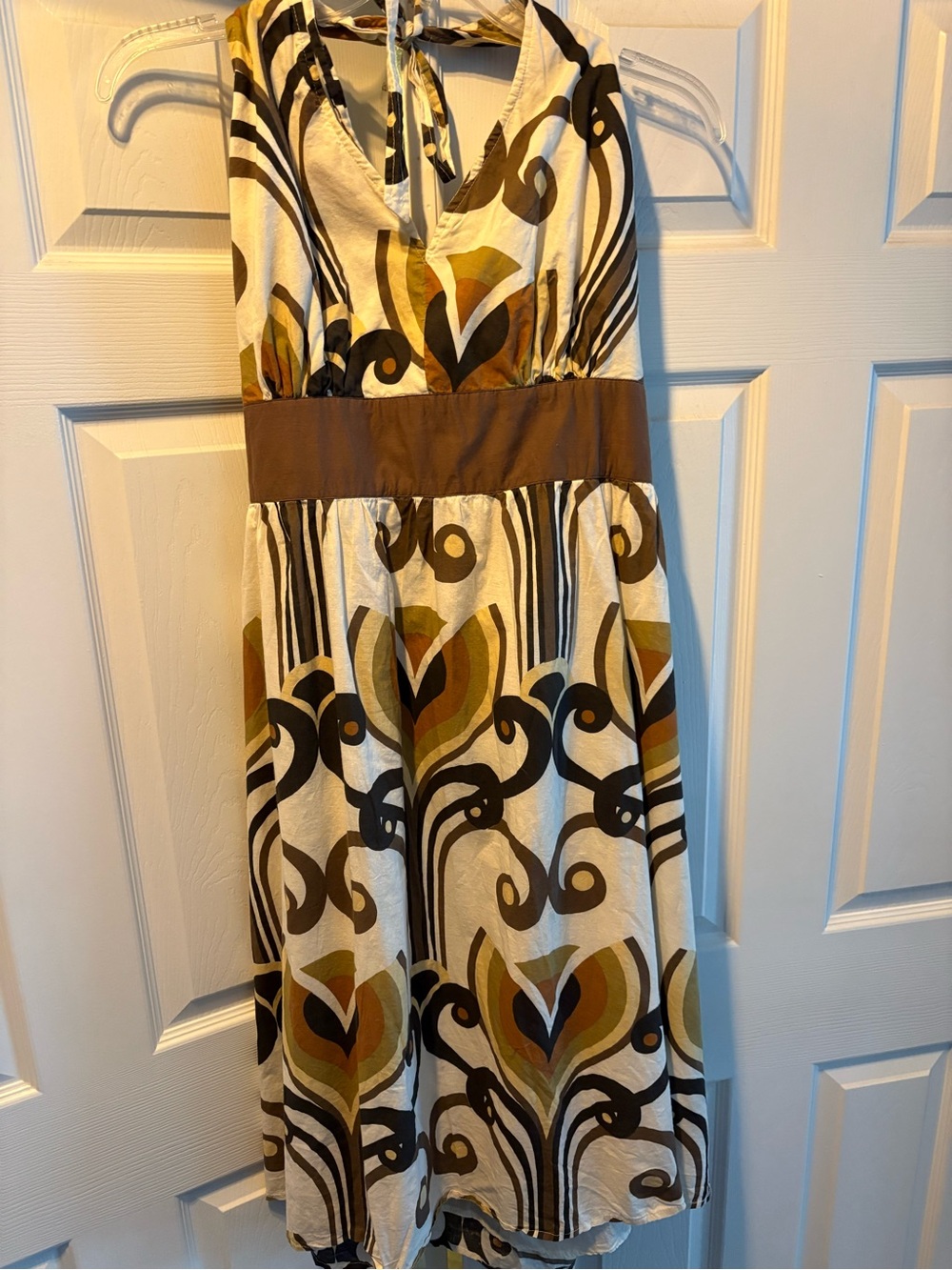 Ashley Stewart Cream, Brown & Olive Retro Print Halter Dress